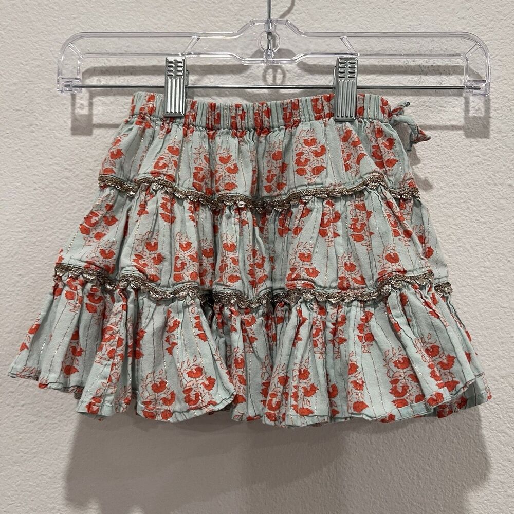 Pink Chicken Boho Metallic Floral Pink Blue Mini Ruffle Skirt Girls 2Y